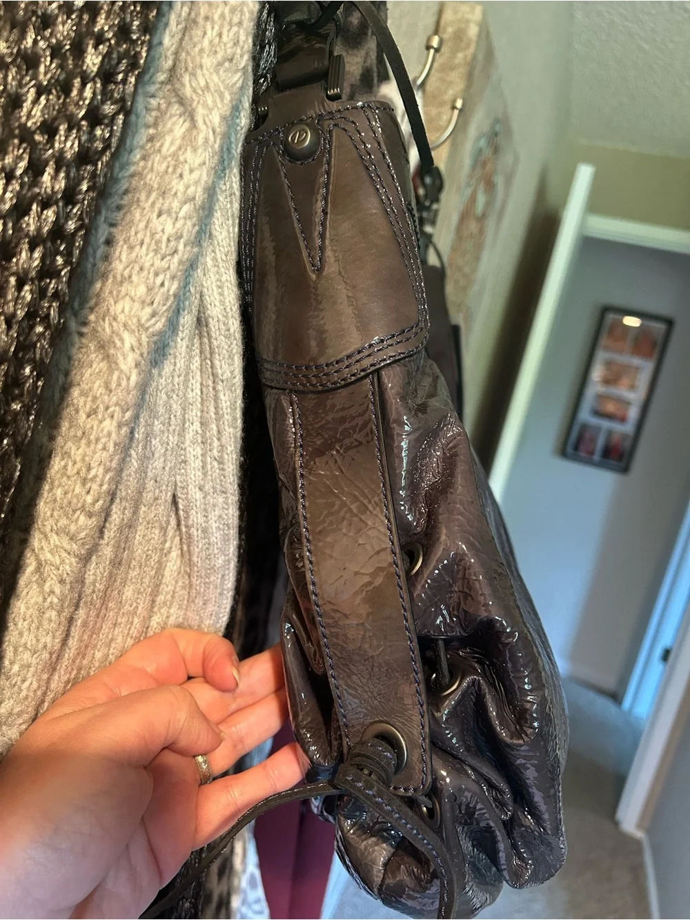 Francesco Biasia Dark Storm Grey Patent Leather Hobo Shoulder Bag